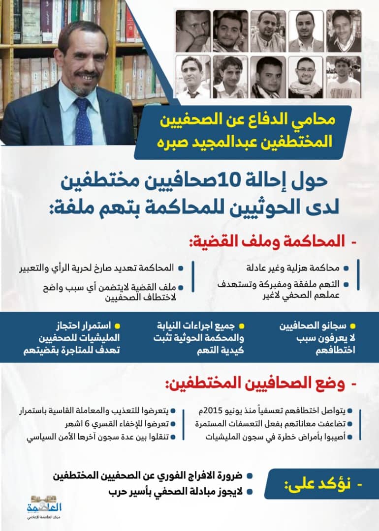 المحامي صبره يدعو لإنقاذ الصحفيين المختطفين من المحاكمات الحوثية العبثية المحامي صبره يدعو لإنقاذ الصحفيين المختطفين من المحاكمات الحوثية العبثية