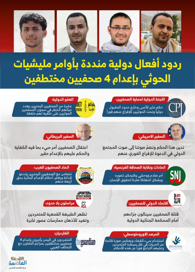 ردود أفعال دولية منددة بأوامر مليشيا الحوثي بإعدام 4 صحفيين مختطفين. ردود أفعال دولية منددة بأوامر مليشيا الحوثي بإعدام 4 صحفيين مختطفين.