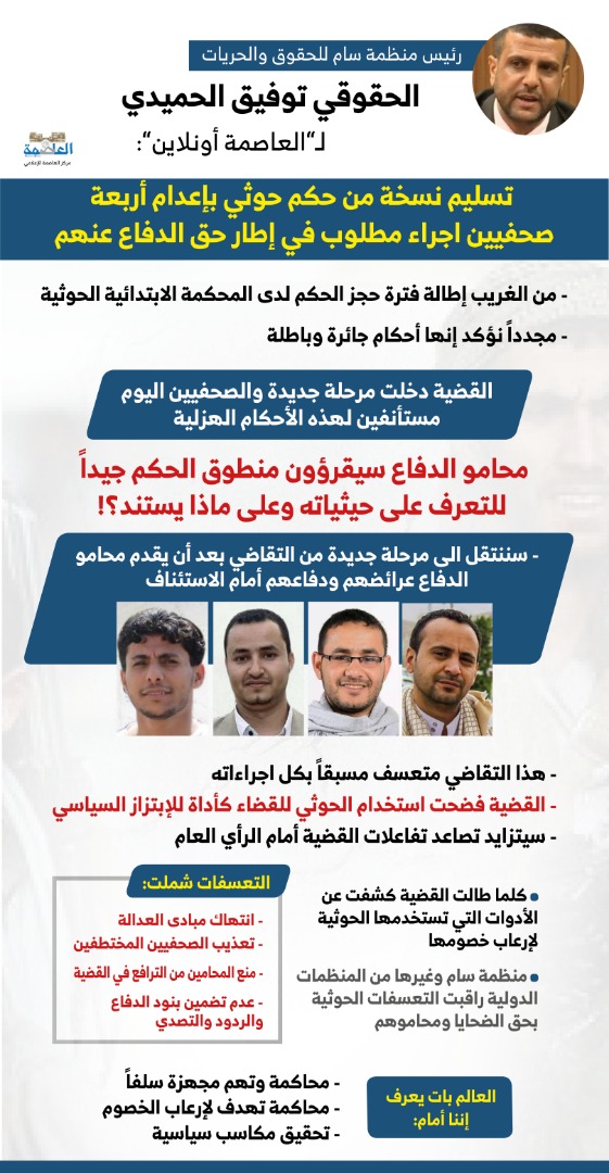 تصريحات رئيس منظمة سام توفيق الحميدي حول قضية الصحفيين المختطفين لدى مليشيات الحوثي تصريحات رئيس منظمة سام توفيق الحميدي حول قضية الصحفيين المختطفين لدى مليشيات الحوثي