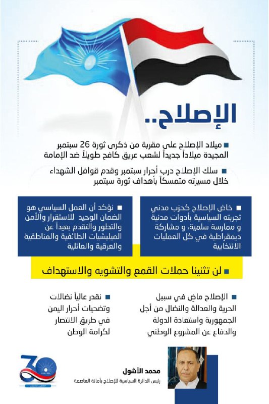 رئيس الدائرة السياسية لإصلاح أمانة العاصمة حول الذكر الـ 30 لتأسيس الحزب رئيس الدائرة السياسية لإصلاح أمانة العاصمة حول الذكر الـ 30 لتأسيس الحزب