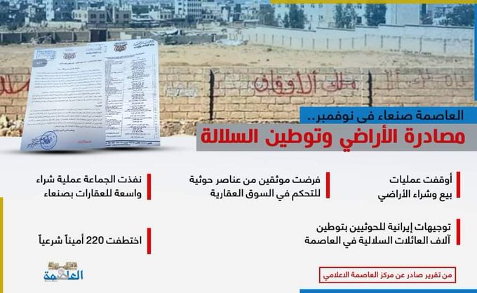 العاصمة صنعاء في نوفمبر.. مصادرة الأراضي وتوطين السلالة العاصمة صنعاء في نوفمبر.. مصادرة الأراضي وتوطين السلالة
