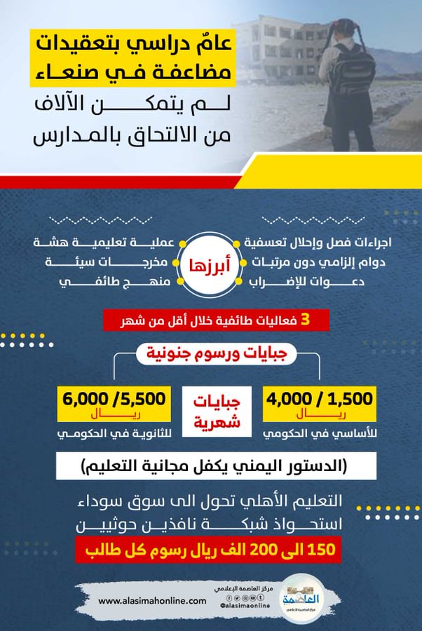 مناهج طائفية وتعسفات مضاعفة تفرضها مليشيات الحوثي على مدارس صنعاء مع بداية العام الدراسي مناهج طائفية وتعسفات مضاعفة تفرضها مليشيات الحوثي على مدارس صنعاء مع بداية العام الدراسي