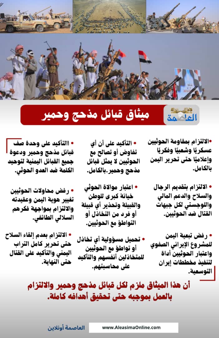 ميثاق شرف قبائل مذحج وحمير يؤكد مقاومة الانقلاب الحوثي حتى استعادة صنعاء ميثاق شرف قبائل مذحج وحمير يؤكد مقاومة الانقلاب الحوثي حتى استعادة صنعاء